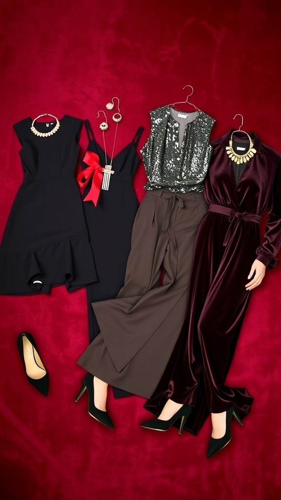 Elegant Christmas party outfits including a black dress, sequin gown, tailored trousers, and velvet jumpsuit on a velvet background.